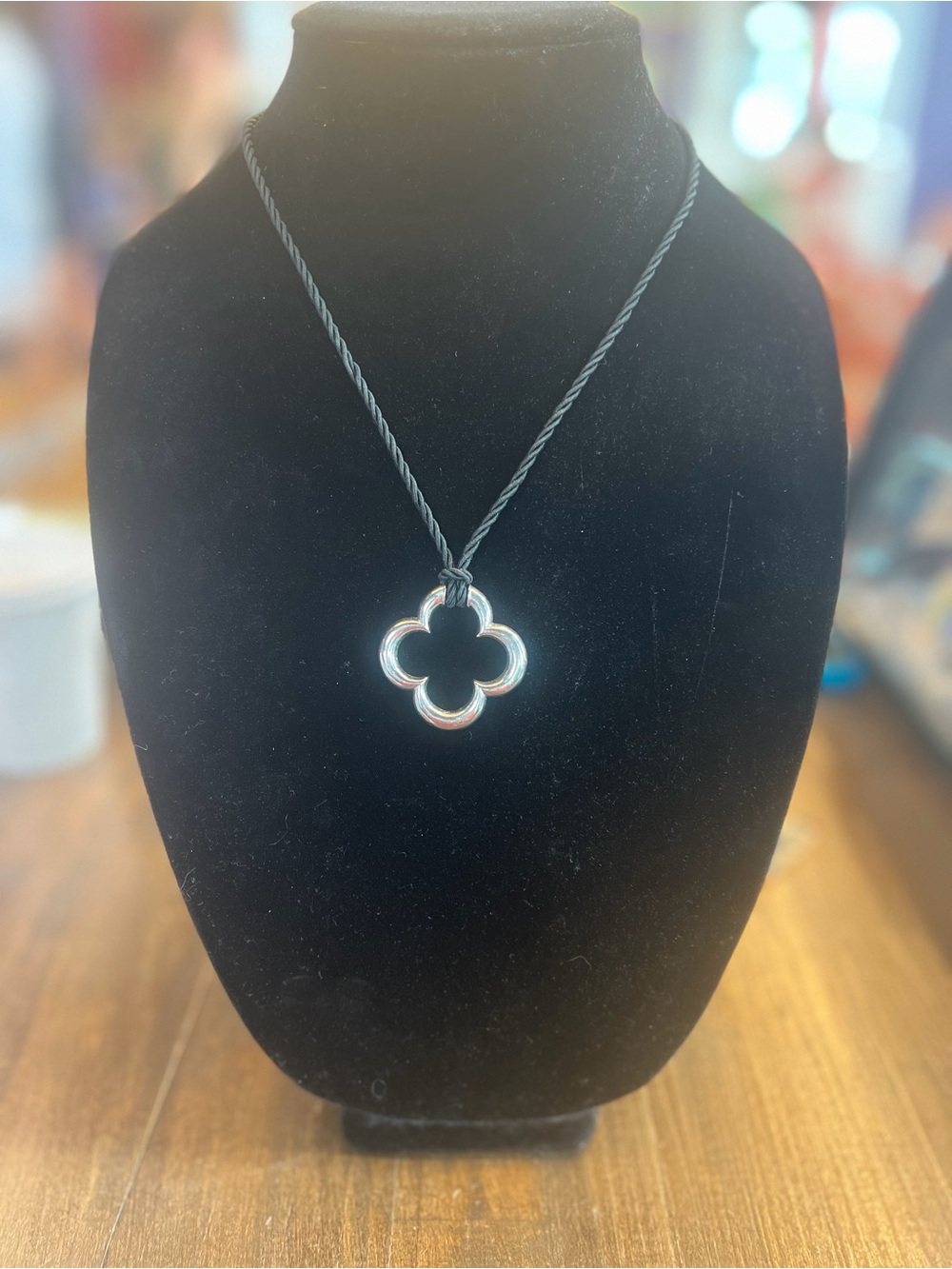 Black Cord Necklace with Silver Clover Pendant